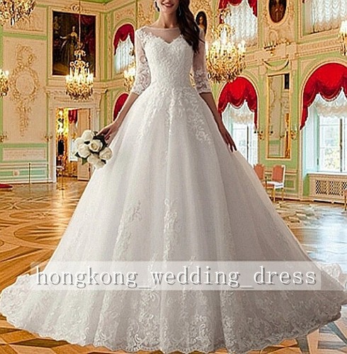 New Scoop Neck Half Sleeve A-Line Lace Wedding Bridal Dress Ball Prom Deb Custom - Picture 2 of 5