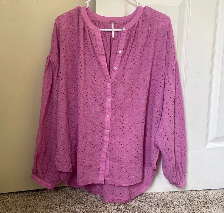 Free People Maddison Womens Pink Orchid Button Front Dolman Eyelet Blouse Size S