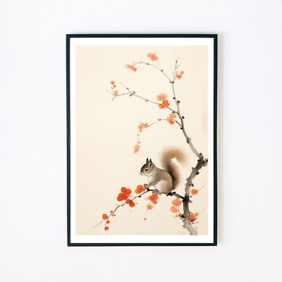 Eichhörnchen Kirschblüte Baum Aquarell Gemälde A5 Retro Wanddeko Kunstdruck 