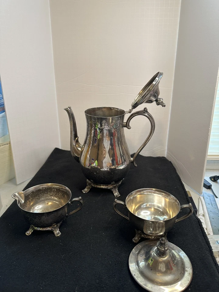 Conjunto de bule de chá ISCO International Silver Company tigela de açúcar creme PATINA - Imagem 3 de 4