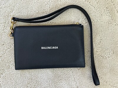 BALENCIAGA Grained Calfskin Logo Cash Passport Photo ID Zip Holder Black  White