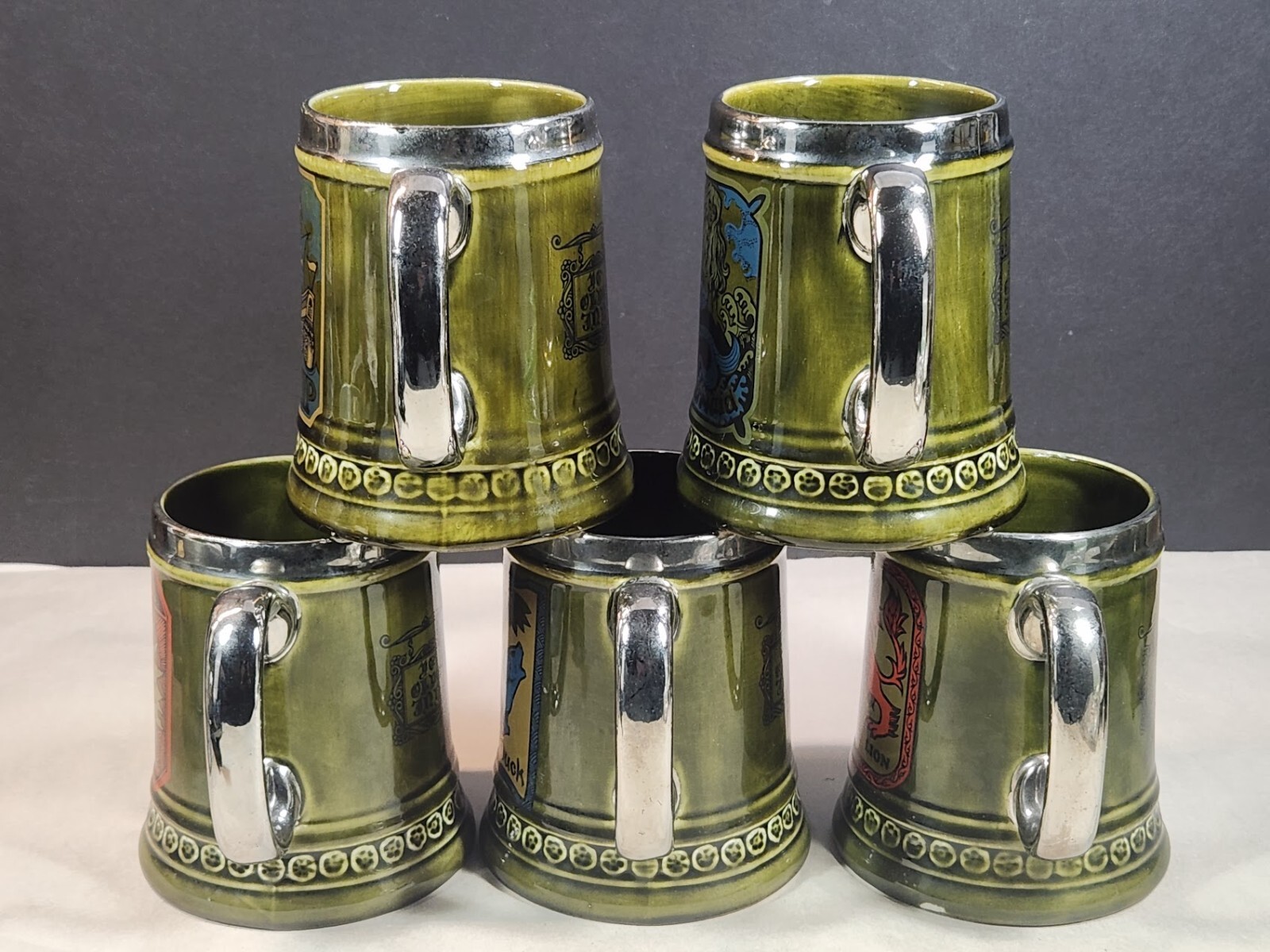 Lord Nelson Pottery Mug Set of 5 YE OLDE INN Green Beer Tankard Series England