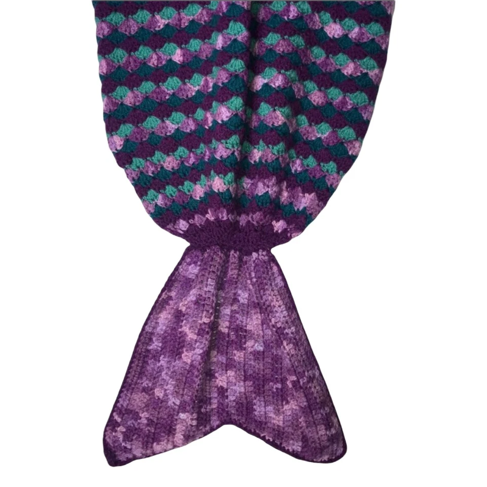 Handmade Hand Crafted Purple Green Diamond Mermaid Tail Throw Blanket 63x20 - Image 4 of 4