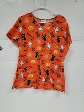 Scrubstar Orange Scrub Top Halloween Black Cats, Pumpkins, Ghosts Sz M Pre Owned