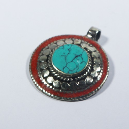 Colgante Tibetano Genuino Turquesa y Coral - Nepal Amuleto Joyería Talla 2" - Imagen 3 de 7