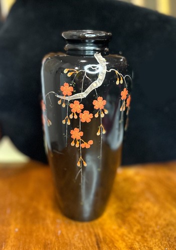 Jarrón de colección FJI Ocupado Japón MADERA LACADO pintado a mano flor de cerezo - Imagen 2 de 8