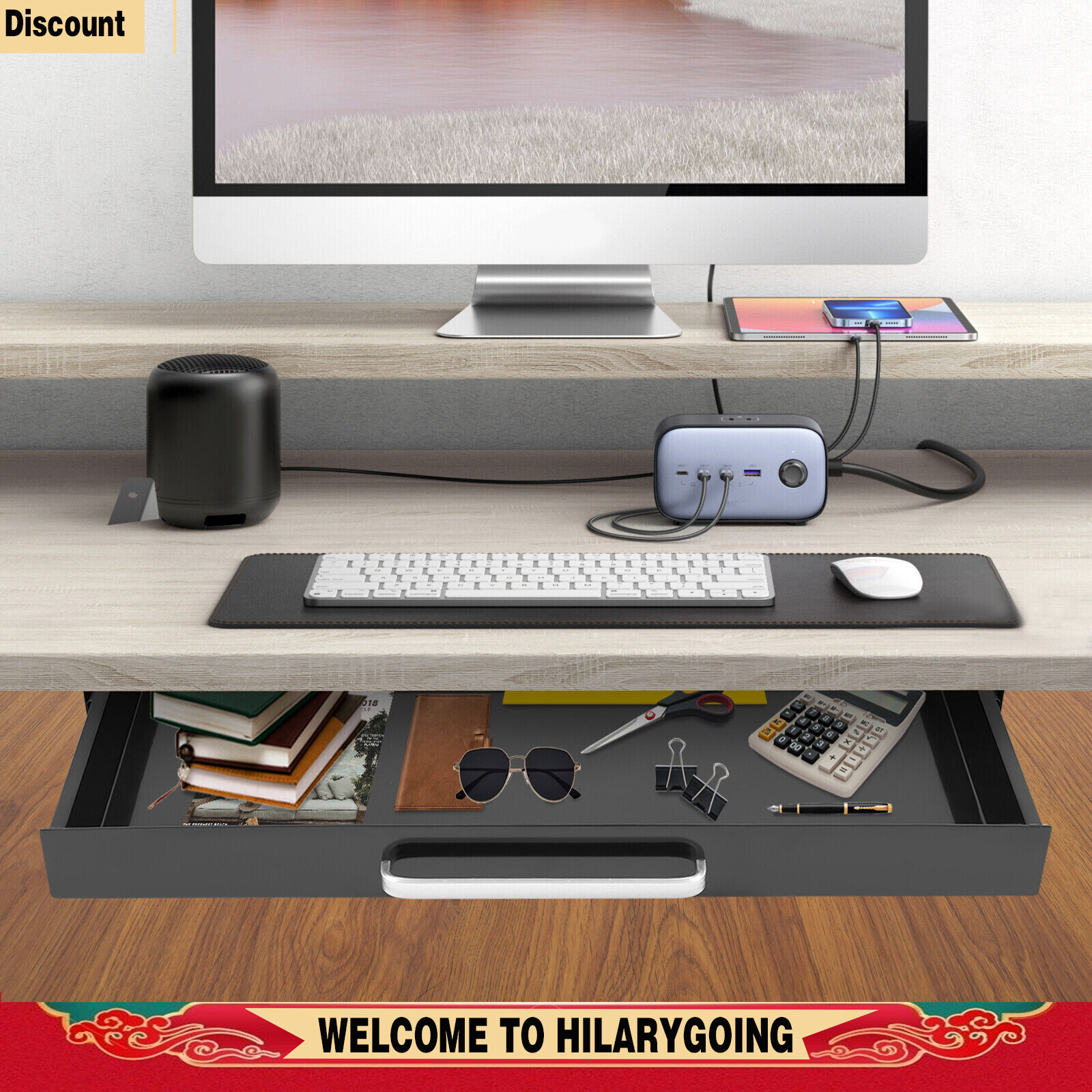 21.5” Under Desk Sliding Pull-Out Drawer Drawer Easy Slide Out Storage Organizer