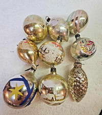 Lot 9 vtg glass ball Christmas Ornament snowman bell silver indent pinecone star