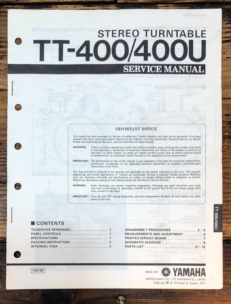 Yamaha TT-400 TT-400U Record Player / Turntable Service Manual *Original*