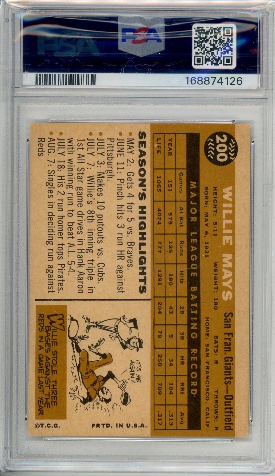 1960 Topps WILLIE MAYS #200 PSA Grade 4 VG-EX Cond "Just Graded INVEST" view 2