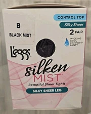 L'eggs Pantyhose Silken Mist Size B Control Top Black Mist Silky Sheer Leg
