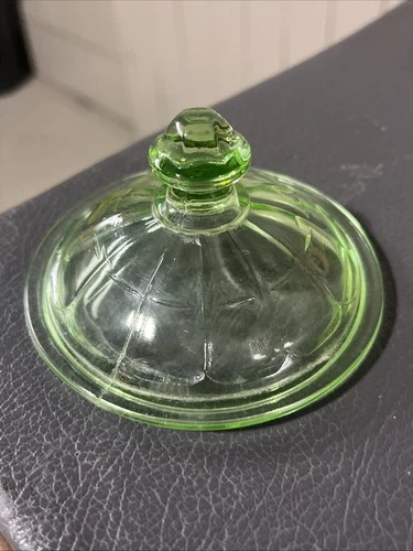 Vtg Green Depression Glass Hazel-Atlas Candy Jar/Sugar Cover Colonial Block ￼