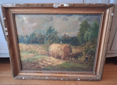 Tableau 19 eme LES FOINS BELLE HUILE SUR TOILE paysans chevaux signé encadré - Photo 1/4