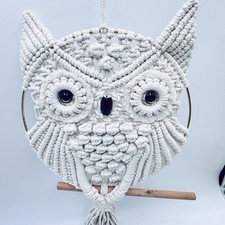 Vtg 70s Macrame Owl Wall Hanging Boho Mid Century Modern Handmade Wood Beak Eyes