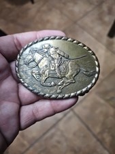 Western 1981 Vintage Pony Express Rider Mervyn's Commemorative Brass Belt Buckle