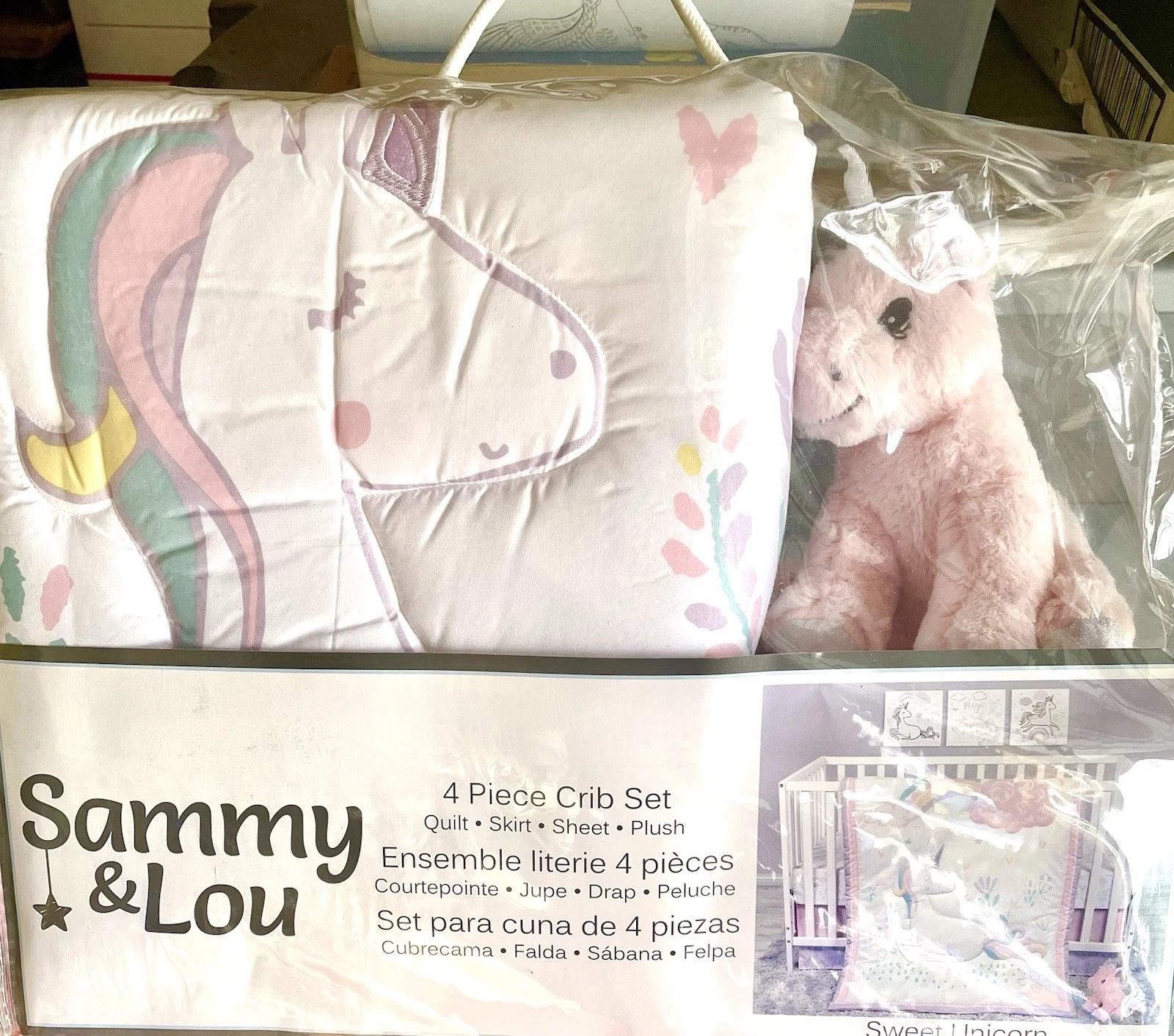 NEW IN PKG Sammy & Lou Sweet Unicorn 4 Piece Crib Bedding Set w/ Plushie