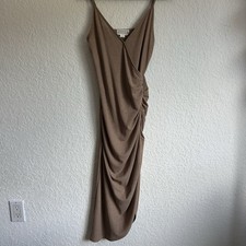 Women's Love Riche Tan Ruched Bodycon Midi Dress Wrap Asymmetric Stretch Small