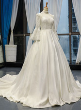 White Wedding Dress High-Necked Long-Sleeved A-line Satin Vintage Bridal Gown
