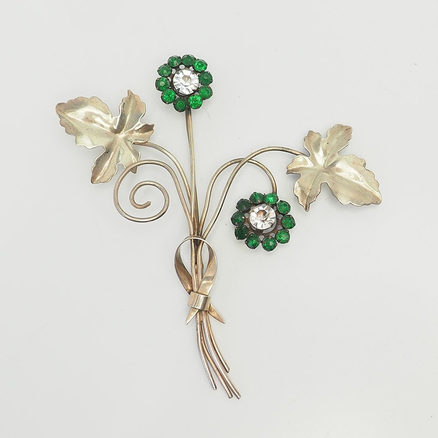 Antigua Broche De Flor Grande Con Cristales Verdes De Plata Esterlina Dorada