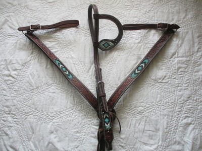 Weaver Turquoise Cross Sliding One Ear Headstall Turquoise Beaded/Breast Collar