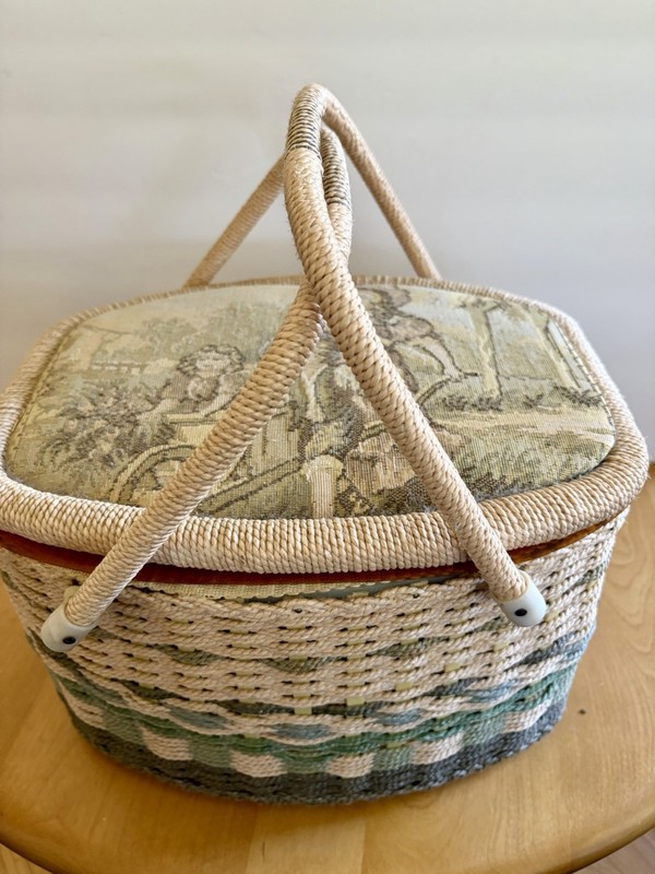 Vintage Woven Wicker Sewing Basket Filled With Supplies & 6 Pairs Of Scissors!