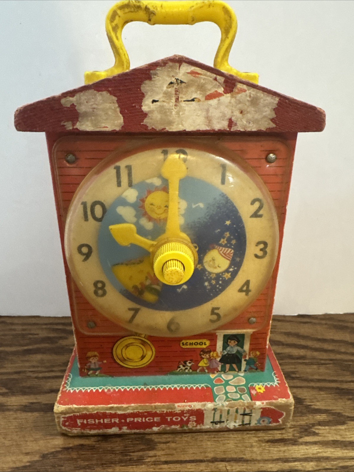 Vintage Fisher Price Toys Music Box Teaching Clock Red School House Handle