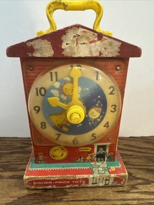 Vintage Fisher Price Toys Music Box Teaching Clock Red School House Handle
