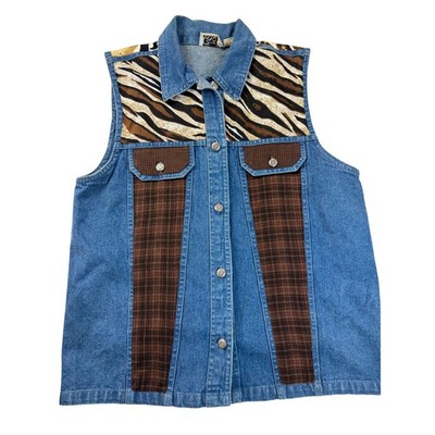 Shelly & Arnold Vtg Denim Vest Animal Print Plaid Patchwork Mixed Media Small