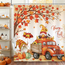 Fall Shower Curtain, Cute Gnomes Under Maple Leaves Harvest Pumpkin Thanksgiving