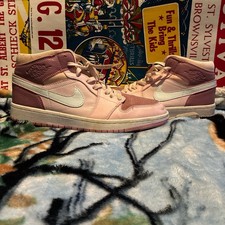 Jordan Air Jordan 1 Mid Pink White Leather Mid Top Unisex Kids Athletic Sneakers