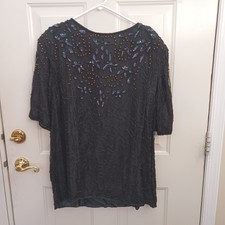 Vintage Black Silk Beaded Sequin Blouse Short Sleeve Evening Tunic Top XL India