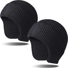 2PCs Knit Hat Winter Warm Cuff Beanie Ear Flaps Skull Cap for Outdoor Work Ski