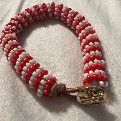 Tory Burch Seed bead Logo Bracelet Red White Striped beads | eBay