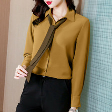Spring Women Tie Long Sleeve Work Office Wear Loose Button Down Shirt Blouse Top