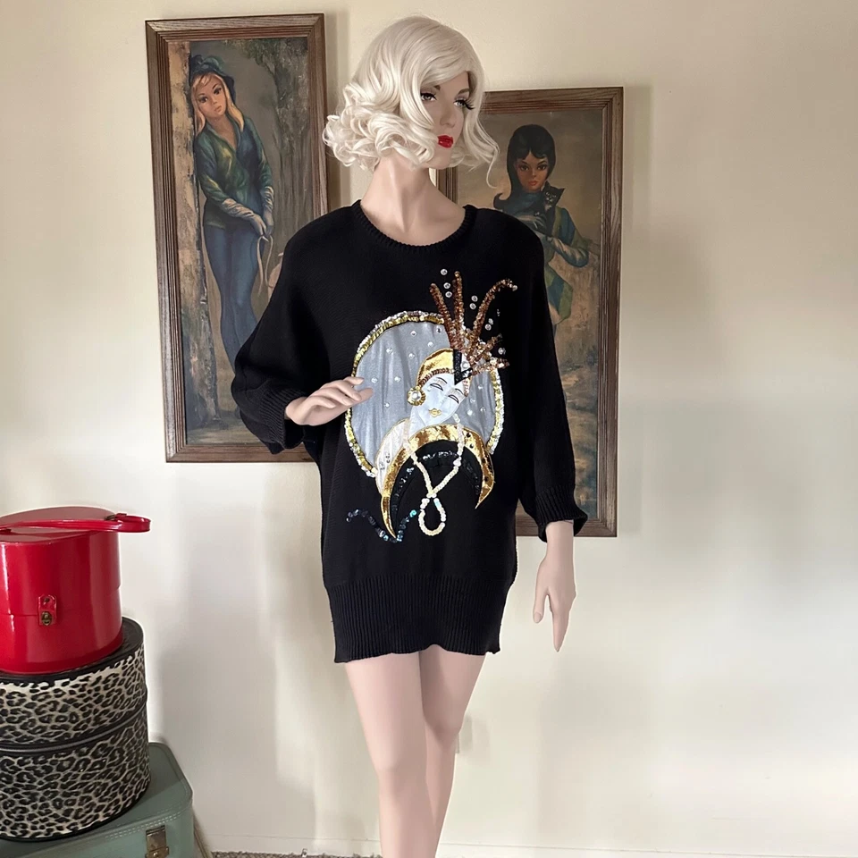 Vintage 80s Art Deco Flapper Lady Face Mini Dress Sweater New Wave S/M - Image 2 of 4