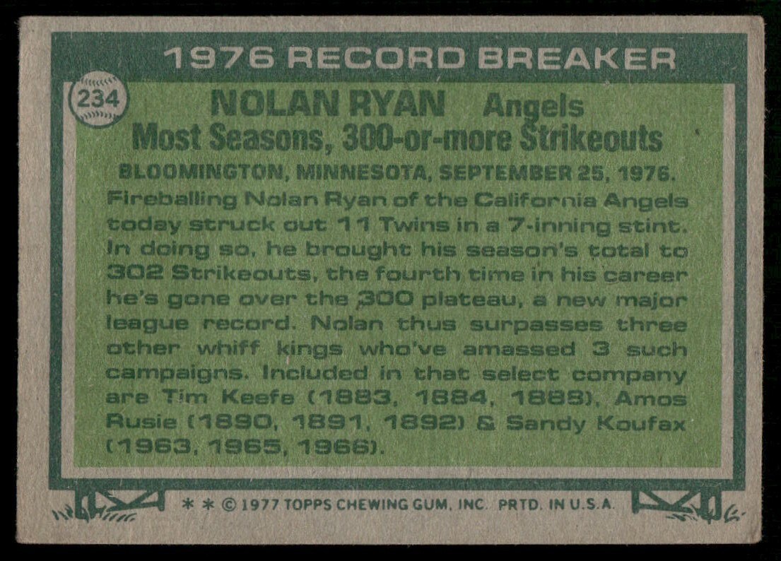 CENTERED VG+/- NOLAN RYAN 1977 TOPPS #234 CREASED LOWER GRADE