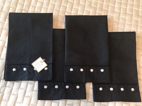 Tea Towels Set Of 4 Linen Blend, Black With White Dots 14” X 22” NEW