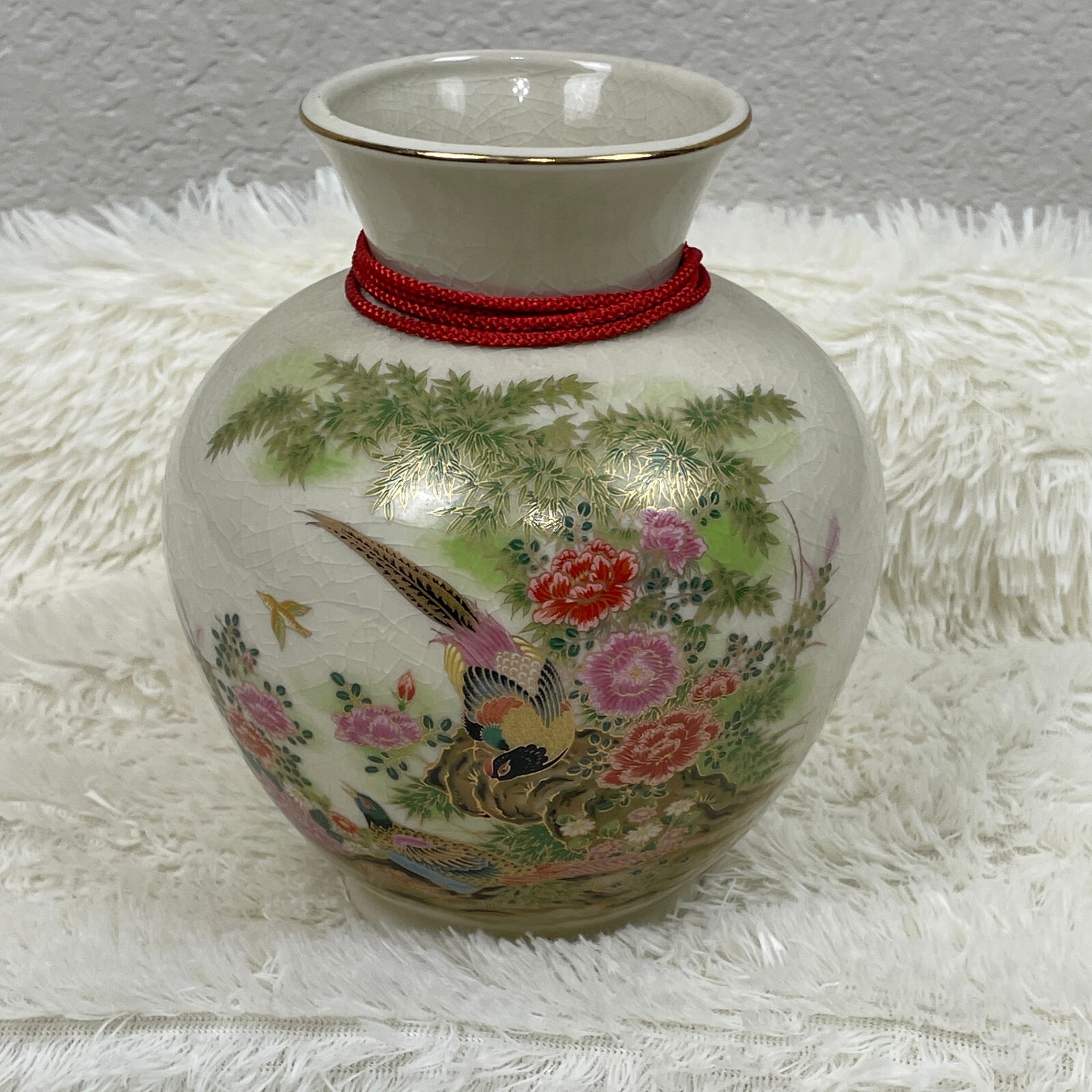 Vintage Satsuma Style Vase Birds Pheasant & Bamboo Floral Raised Gold Enamel