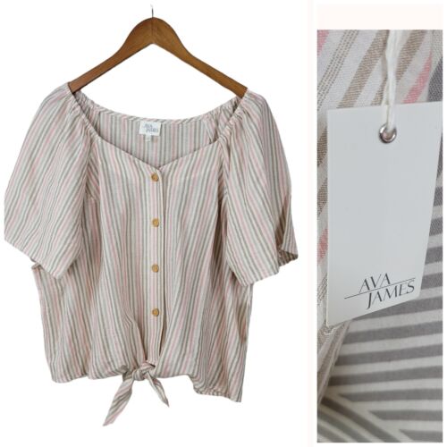 NEW AVA Plus Size 1X Shirt Top Tie Front Stripe Pink Tan Crop Boho Cowgirl - Picture 1 of 9