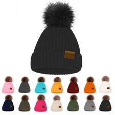 Beanies for Womens Winter Knitted Beanies Hats with Faux Fur Pom Warm Knit Sk...