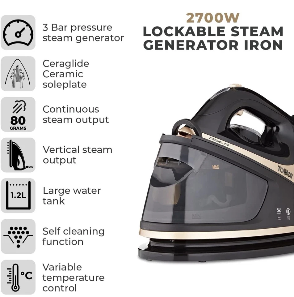 Tower T22023GLD CeraGlide 2700 Watt Steam Generator Iron Black - Image 2 of 4