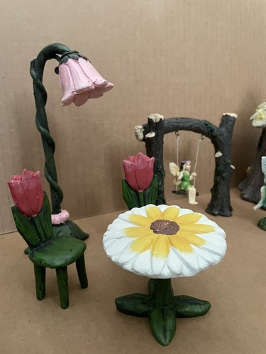 7 pc DAISY Roof FAIRY HOUSE Garden SET Miniature Small Faerie Fairie Swing Table - Picture 11 of 16