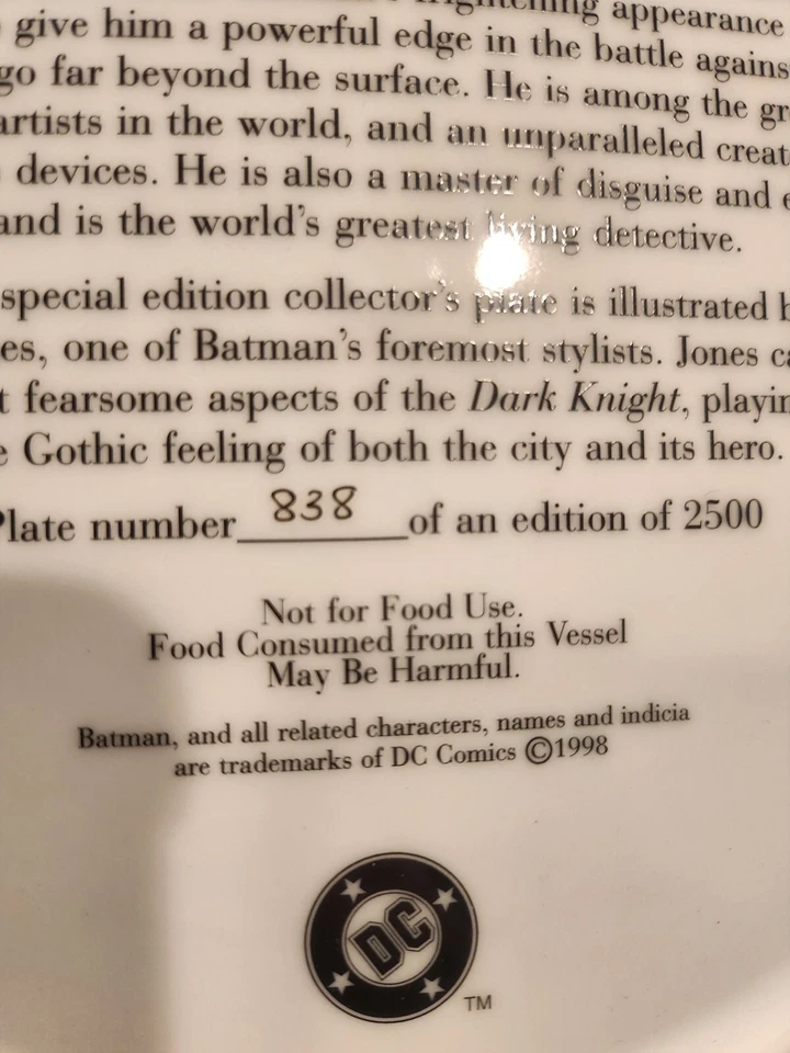 Placa de coleccionista Warner Bros 1996 Batman Kelly Jones edición limitada #838/2500 Foto 3 de 4