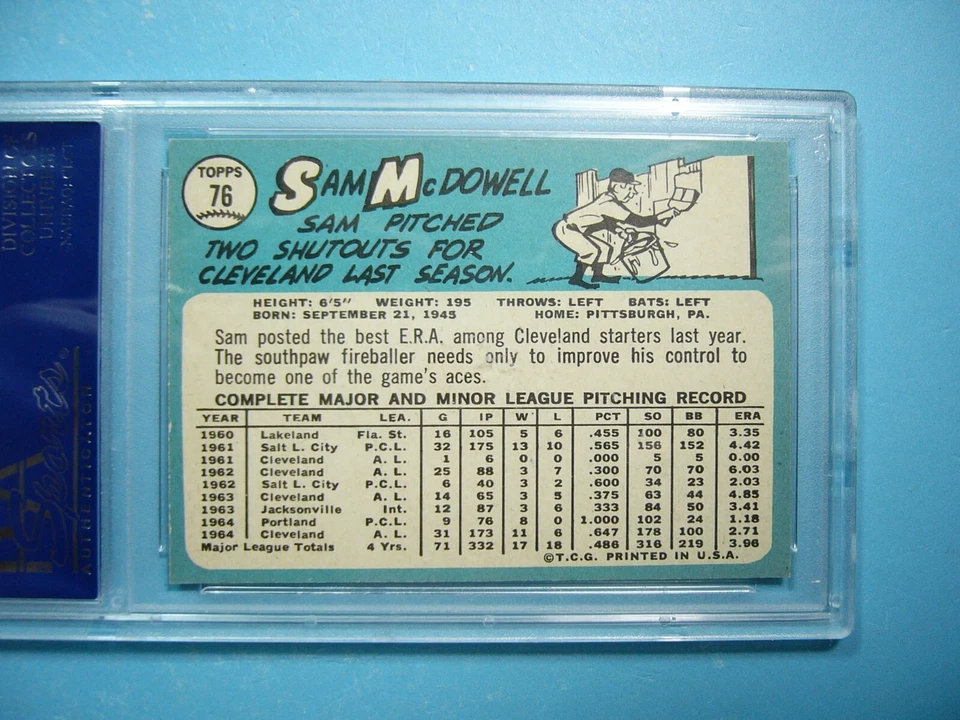 1965 TOPPS MLB BASEBALL CARD #76 SAM MCDOWELL PSA 8 NM/MINT SHARP+ '65 GL - Image 4 of 4