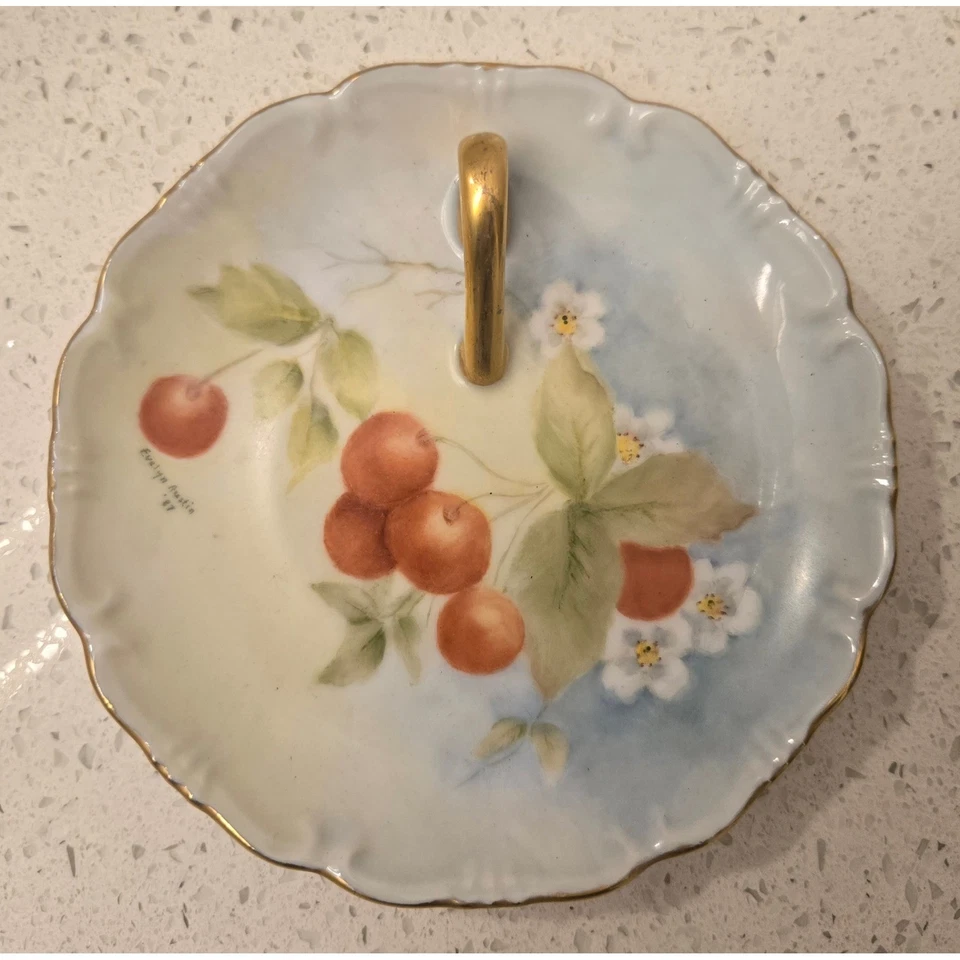 Hand Painted Porcelain Tray Signed Cherry Fruit Dish Gold Handle Vintage - Image 2 of 4