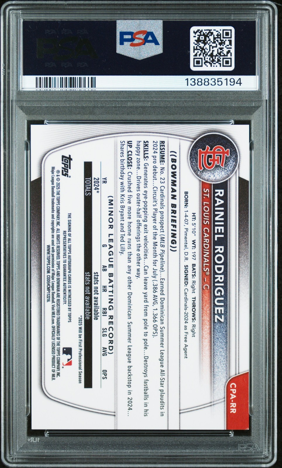 2025 BOWMAN CHROME PROSPECT AUTO RAINIEL RODRIGUEZ 68/75 PSA 9 DNA AUTO 10 view 2