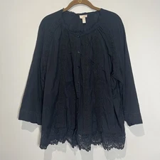 Logo Lavish Lori Goldstein Blouse Women’s XL Black Embroidered Boho Whimsigoth