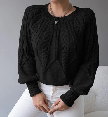 Loose Fit Pullover Oberteil Damen Winter Langarm Pulli Komfort Rundhals Schwarz L