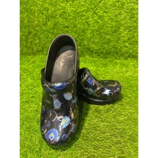 Dansko Women's Floral Clogs Size 37 US 6.5 Black Blue Comfort Shoes Nurse