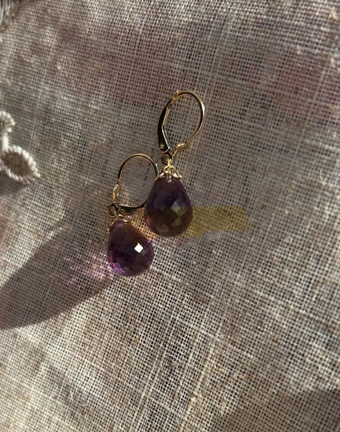 Brincos pendurados de ouro maciço 14K 14 quilates com alavanca pedra preciosa de ametista brioleta - Imagem 4 de 4